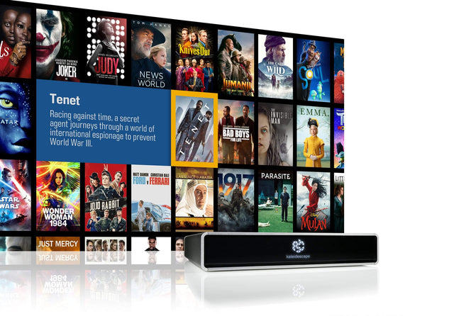 Kaleidescape Strato V 4K Dolby Vision Movie Player with movie wall background